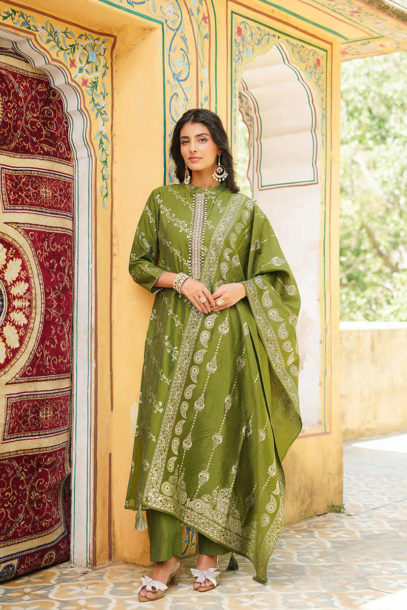 Olive Silk Blend Floral Printed Straight Kurta Trousers With Dupatta SKSKD3045