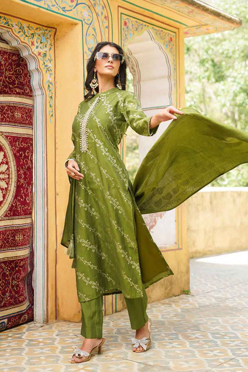 Olive Silk Blend Floral Printed Straight Kurta Trousers With Dupatta SKSKD3045