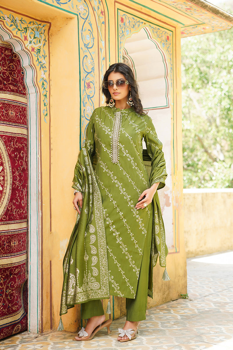 Olive Silk Blend Floral Printed Straight Kurta Trousers With Dupatta SKSKD3045