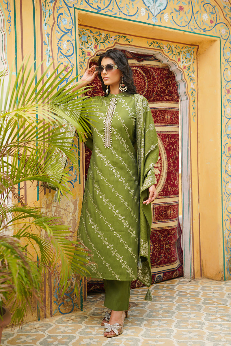 Olive Silk Blend Floral Printed Straight Kurta Trousers With Dupatta SKSKD3045