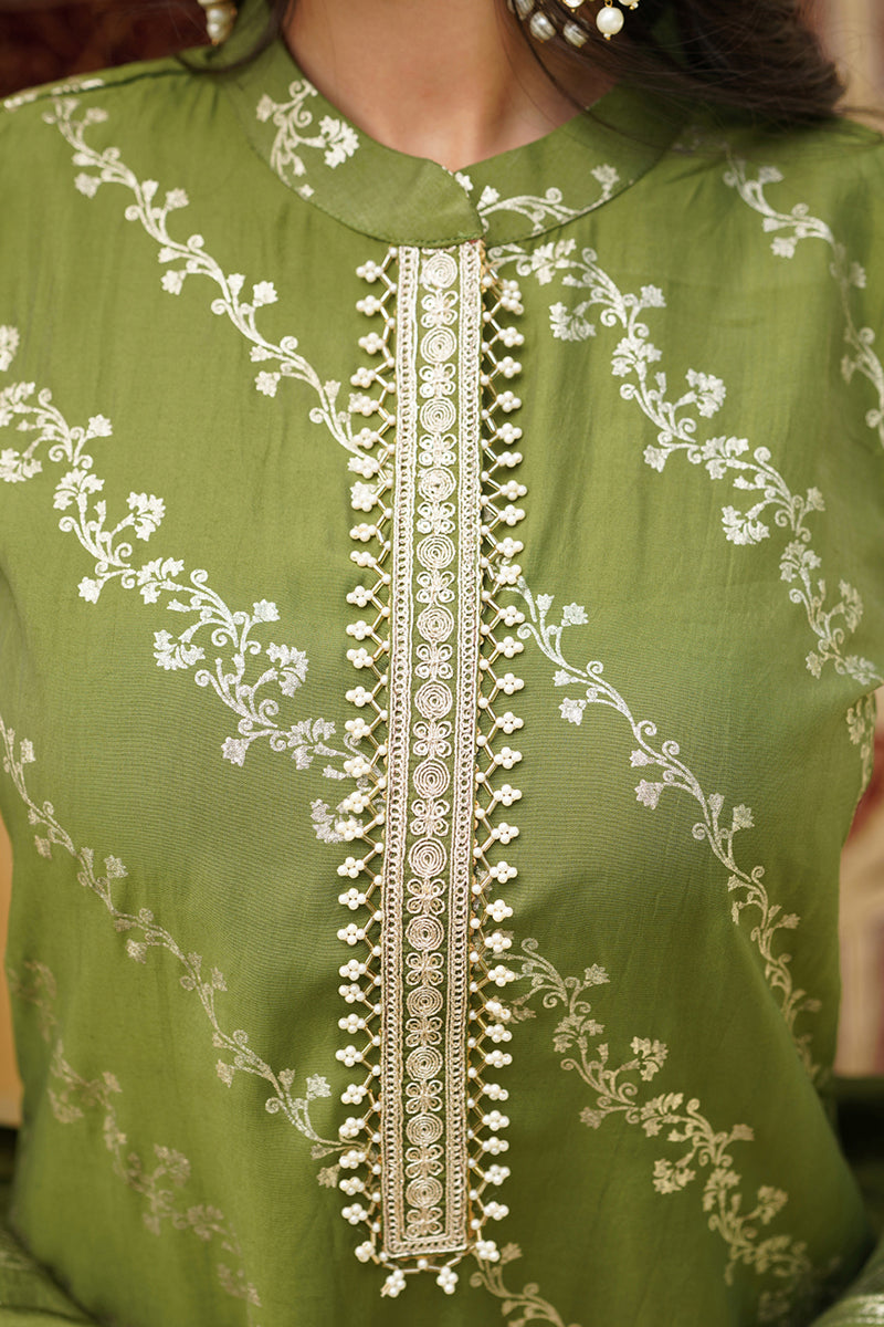 Olive Silk Blend Floral Printed Straight Kurta Trousers With Dupatta SKSKD3045