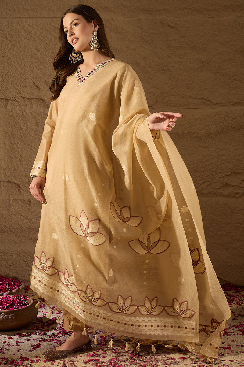Beige Chanderi Solid Woven Design Straight Kurta Trousers With Dupatta SKSKD3046
