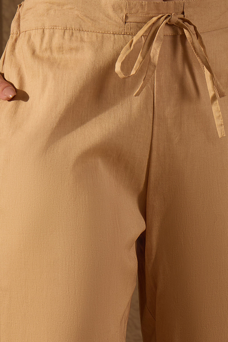 Beige Chanderi Solid Woven Design Straight Kurta Trousers With Dupatta SKSKD3046