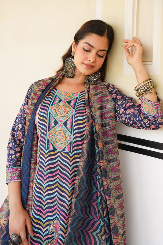 Blue Rayon Blend Ethnic Motifs Printed Straight Kurta Trouser With Dupatta SKSKD3049