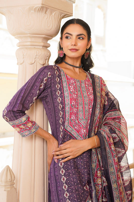 Purple Rayon Blend Ethnic Motifs Printed Straight Kurta Trouser With Dupatta SKSKD3051