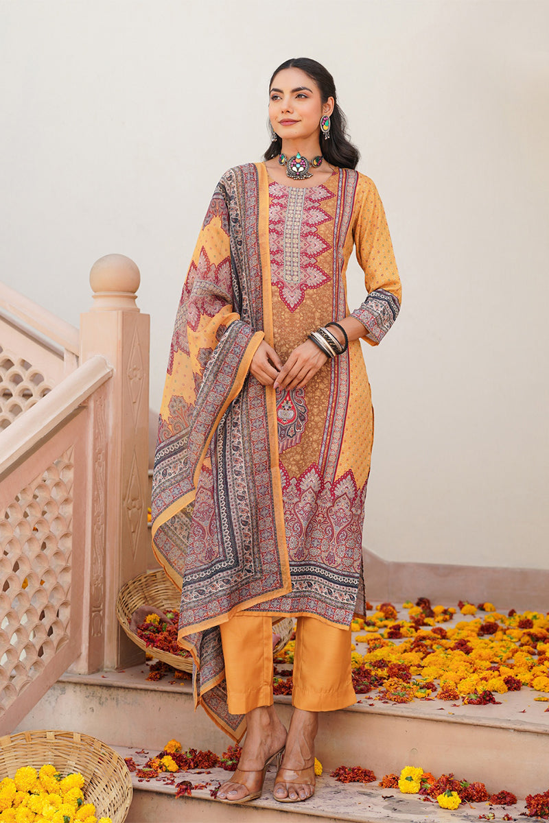 Yellow Rayon Blend Ethnic Motifs Printed Straight Kurta Trouser With Dupatta SKSKD3052