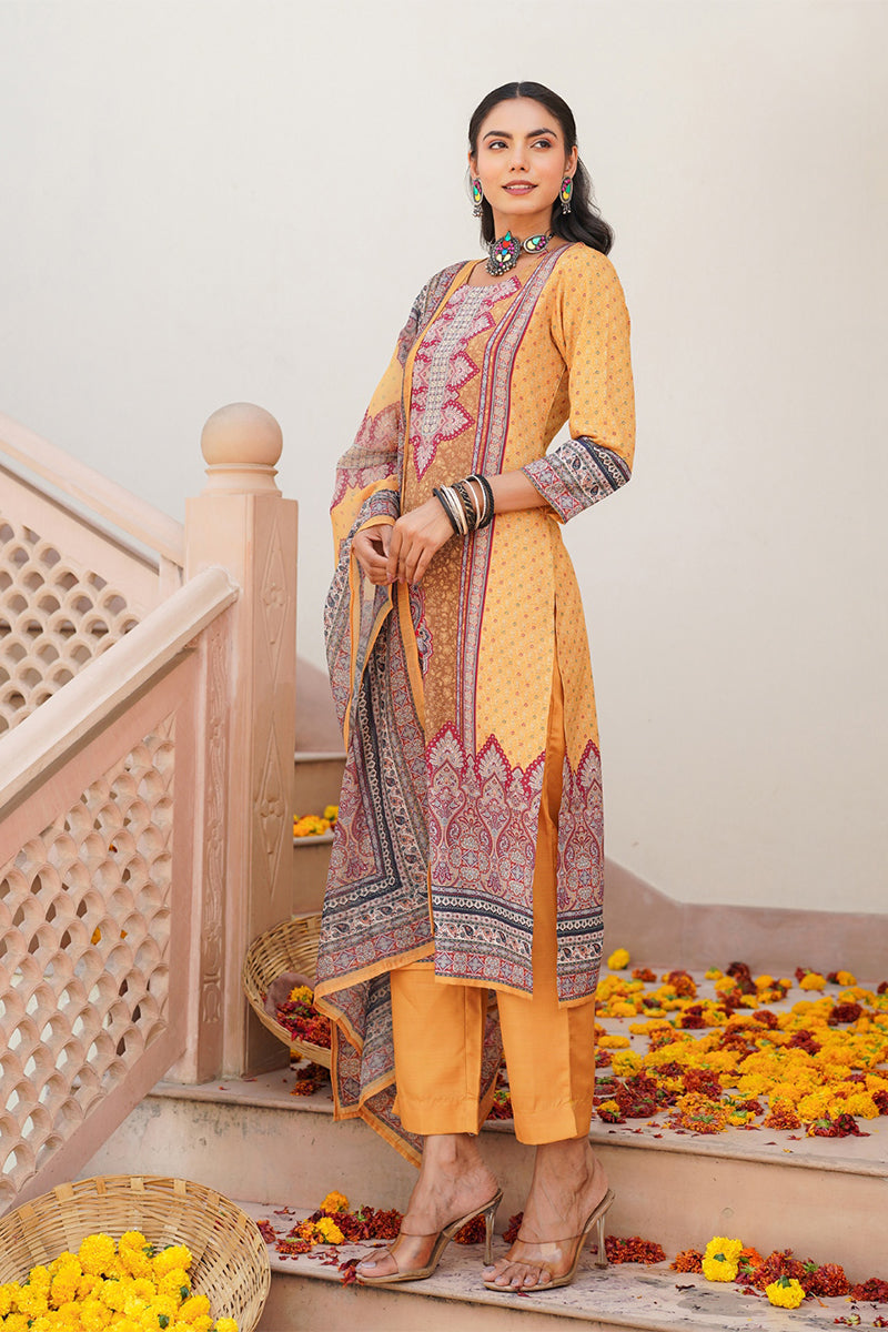 Yellow Rayon Blend Ethnic Motifs Printed Straight Kurta Trouser With Dupatta SKSKD3052
