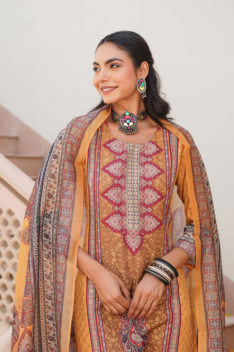 Yellow Rayon Blend Ethnic Motifs Printed Straight Kurta Trouser With Dupatta SKSKD3052