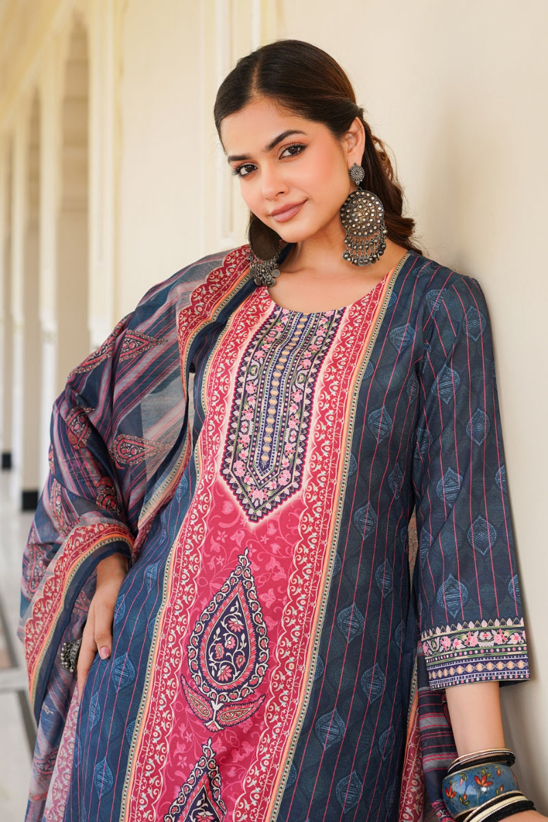 Blue Rayon Blend Ethnic Motifs Printed Straight Kurta Trouser With Dupatta SKSKD3053