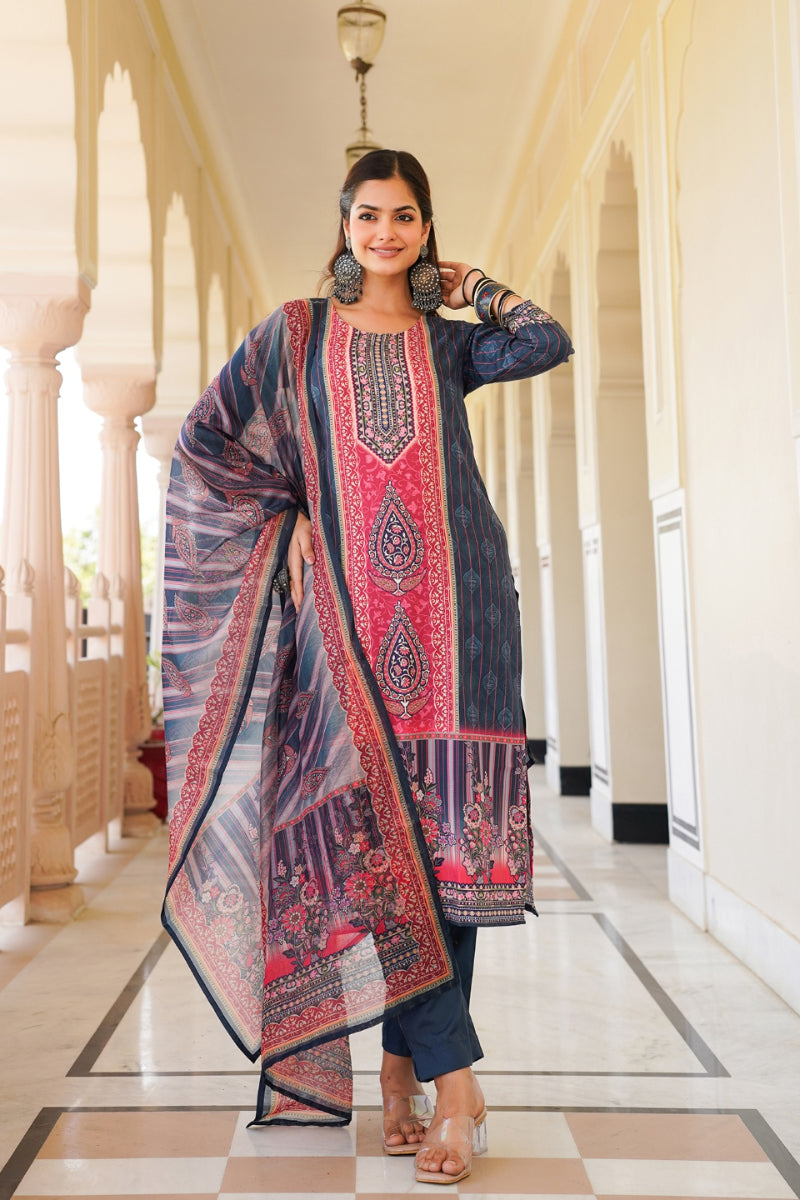 Blue Rayon Blend Ethnic Motifs Printed Straight Kurta Trouser With Dupatta SKSKD3053