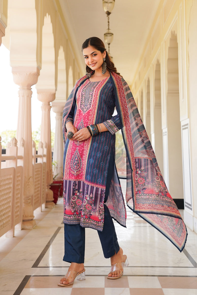 Blue Rayon Blend Ethnic Motifs Printed Straight Kurta Trouser With Dupatta SKSKD3053