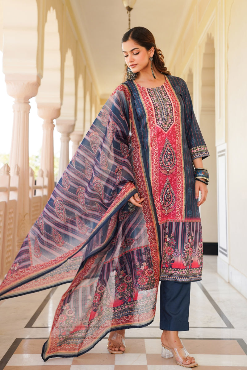 Blue Rayon Blend Ethnic Motifs Printed Straight Kurta Trouser With Dupatta SKSKD3053
