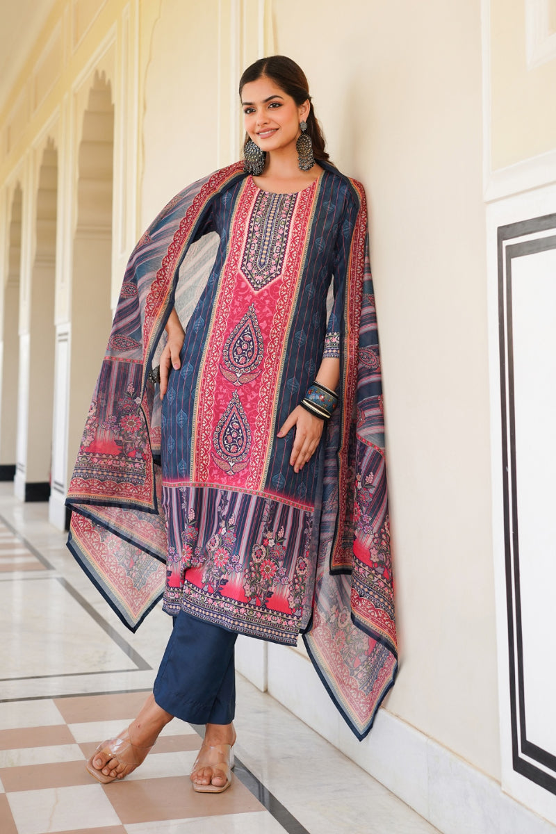 Blue Rayon Blend Ethnic Motifs Printed Straight Kurta Trouser With Dupatta SKSKD3053