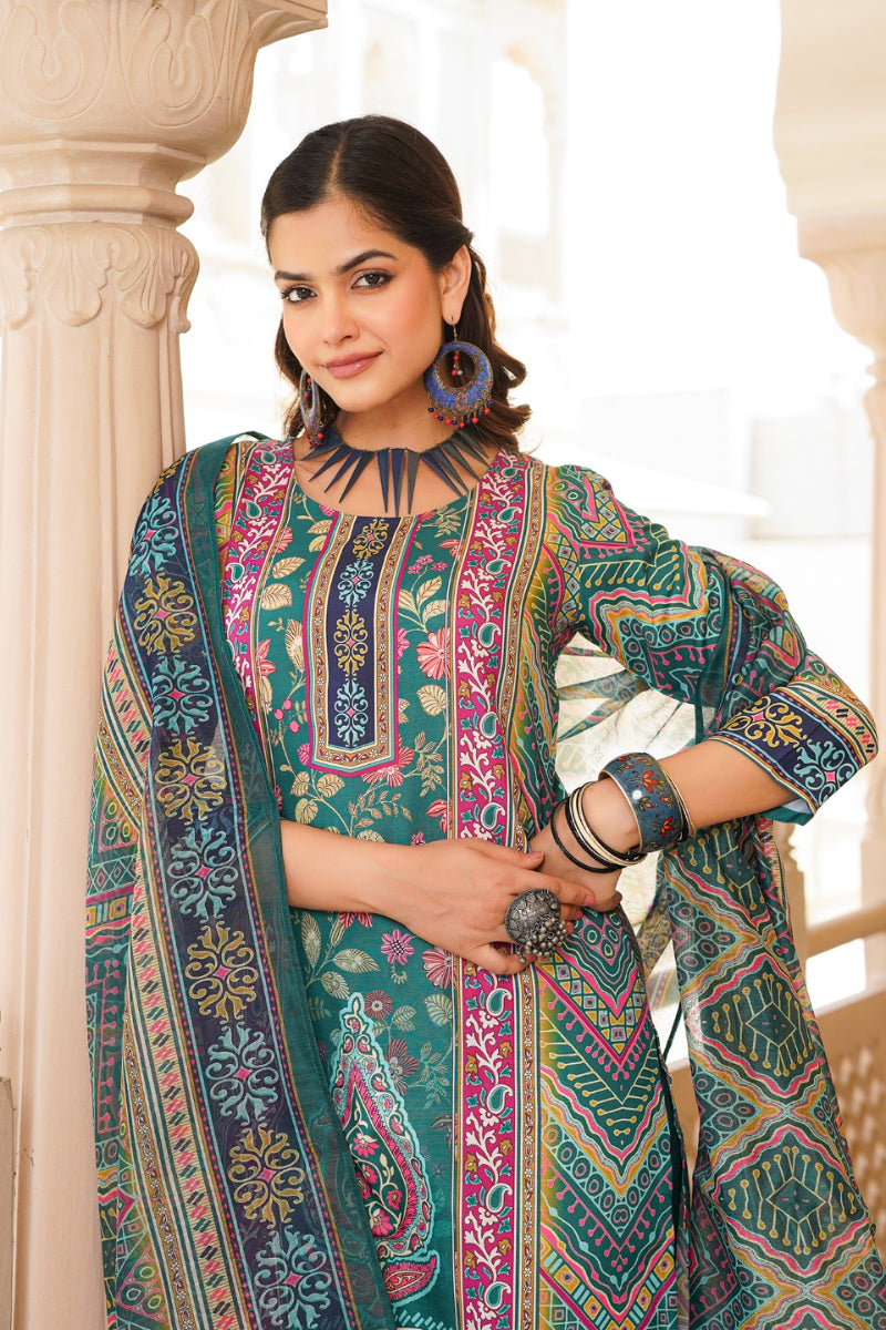 Teal Rayon Blend Ethnic Motifs Printed Straight Kurta Trouser With Dupatta SKSKD3054