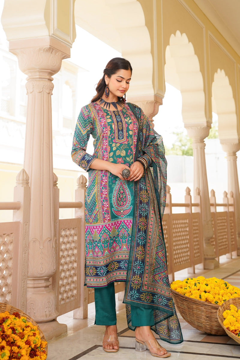 Teal Rayon Blend Ethnic Motifs Printed Straight Kurta Trouser With Dupatta SKSKD3054