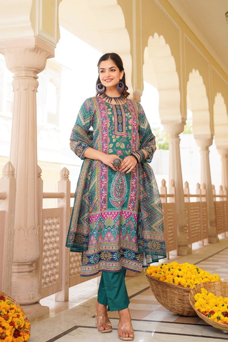 Teal Rayon Blend Ethnic Motifs Printed Straight Kurta Trouser With Dupatta SKSKD3054