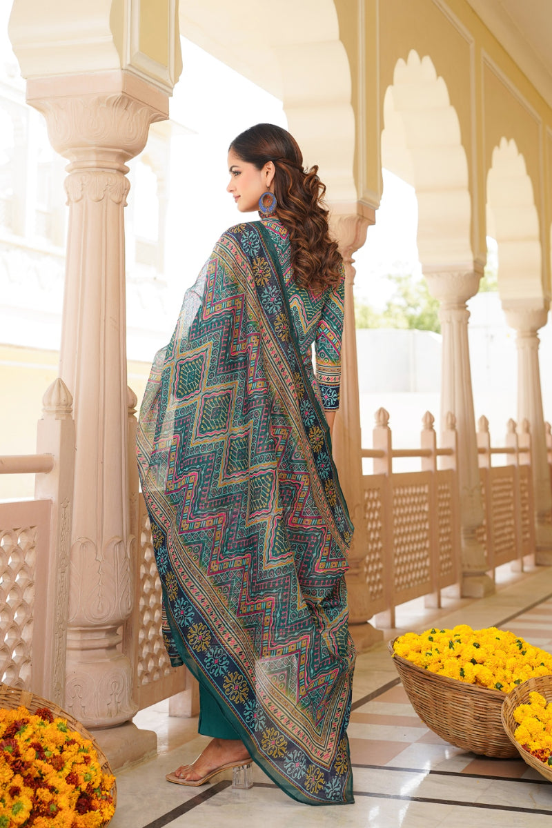 Teal Rayon Blend Ethnic Motifs Printed Straight Kurta Trouser With Dupatta SKSKD3054