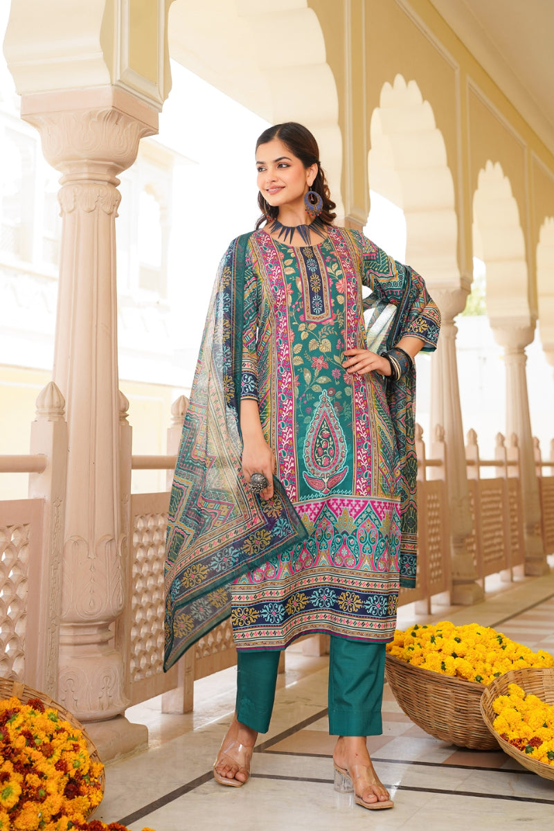 Teal Rayon Blend Ethnic Motifs Printed Straight Kurta Trouser With Dupatta SKSKD3054