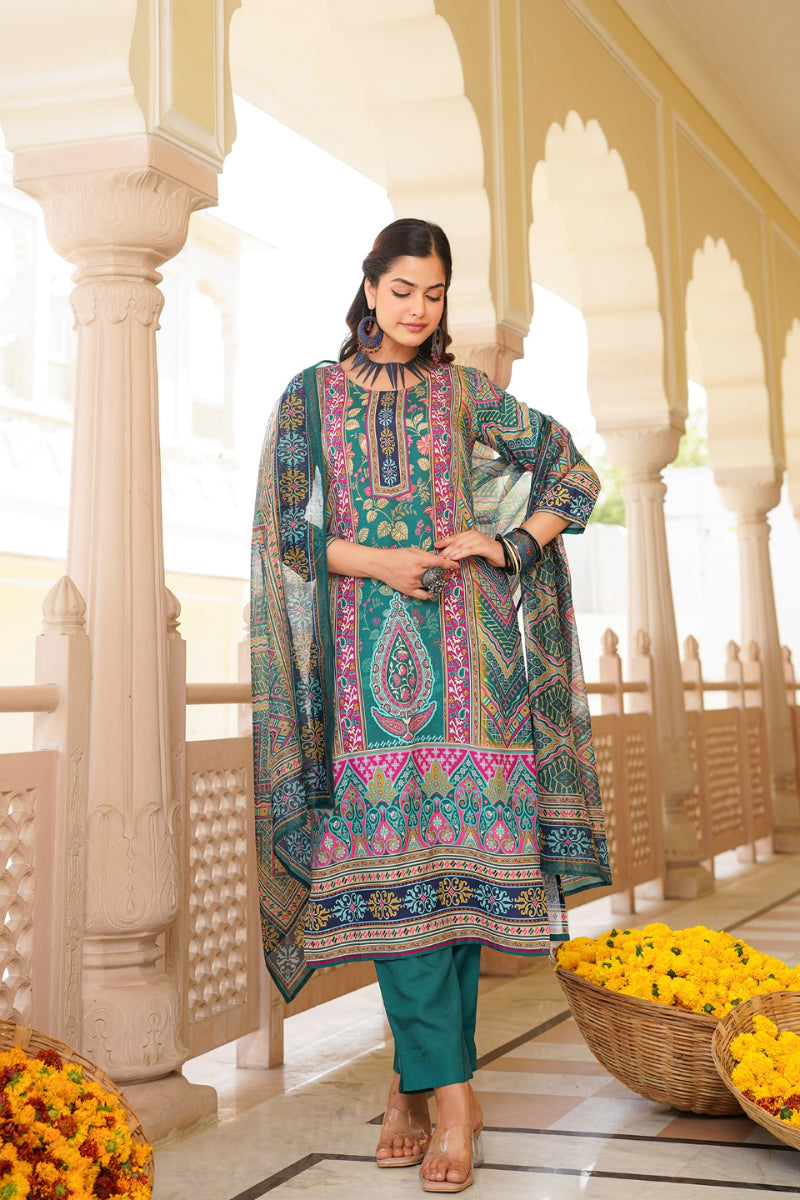 Teal Rayon Blend Ethnic Motifs Printed Straight Kurta Trouser With Dupatta SKSKD3054