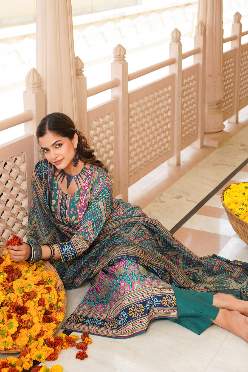 Teal Rayon Blend Ethnic Motifs Printed Straight Kurta Trouser With Dupatta SKSKD3054