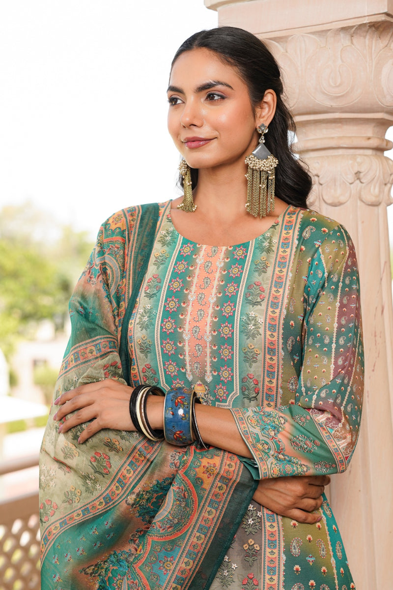 Green Rayon Blend Ethnic Motifs Printed Straight Kurta Trouser With Dupatta SKSKD3055