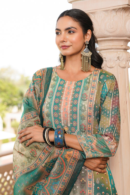 Green Rayon Blend Ethnic Motifs Printed Straight Kurta Trouser With Dupatta SKSKD3055