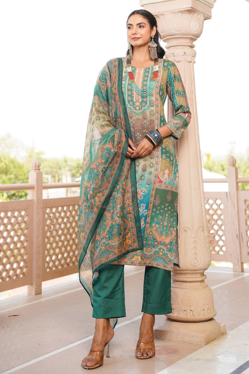 Green Rayon Blend Ethnic Motifs Printed Straight Kurta Trouser With Dupatta SKSKD3055