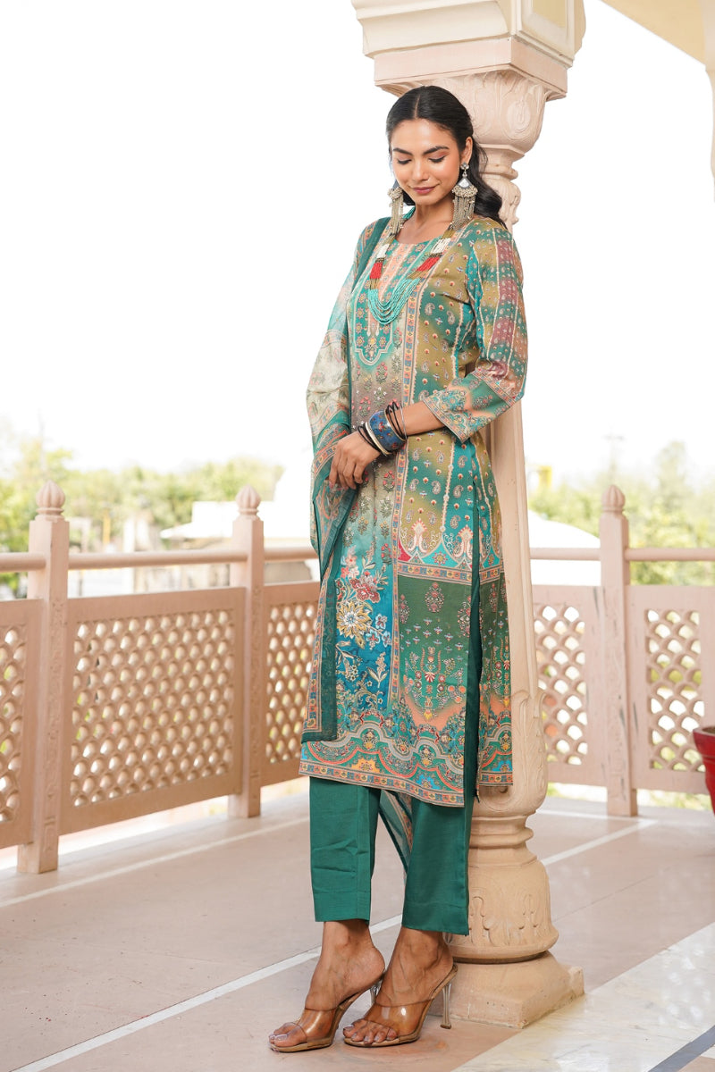 Green Rayon Blend Ethnic Motifs Printed Straight Kurta Trouser With Dupatta SKSKD3055