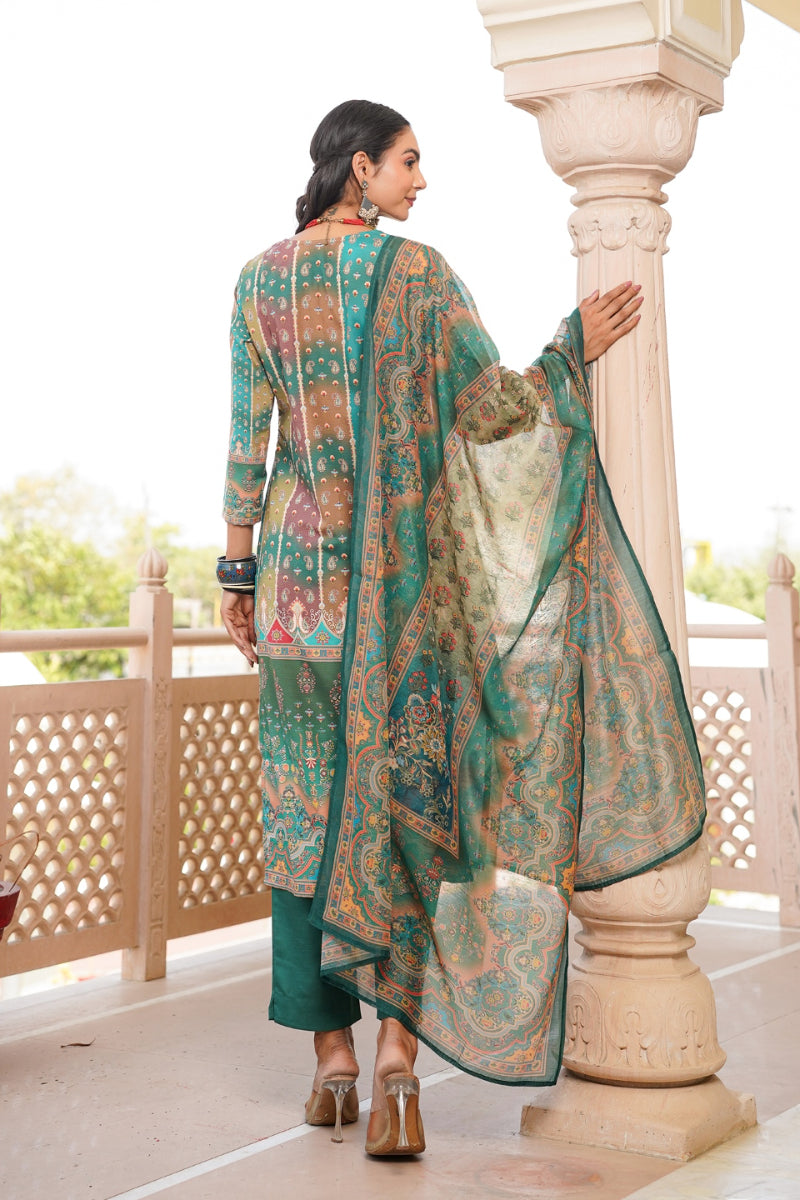 Green Rayon Blend Ethnic Motifs Printed Straight Kurta Trouser With Dupatta SKSKD3055