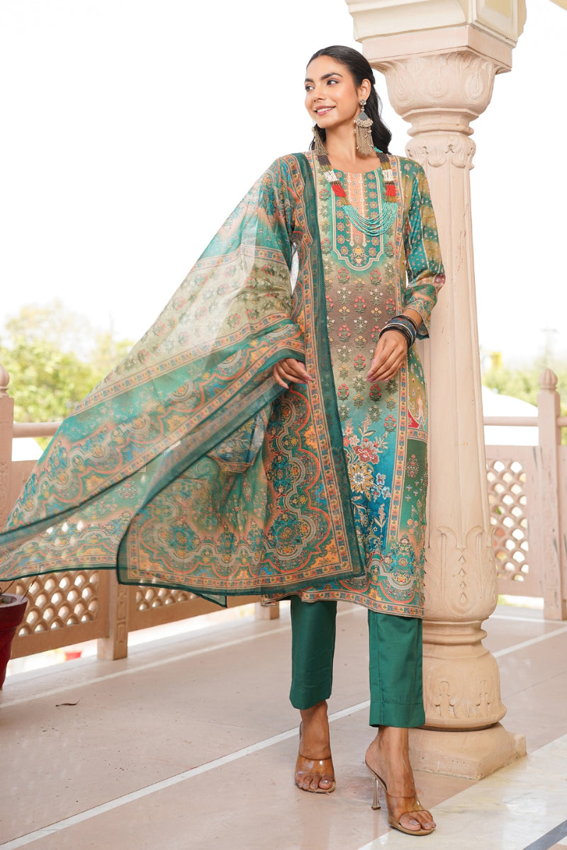 Green Rayon Blend Ethnic Motifs Printed Straight Kurta Trouser With Dupatta SKSKD3055