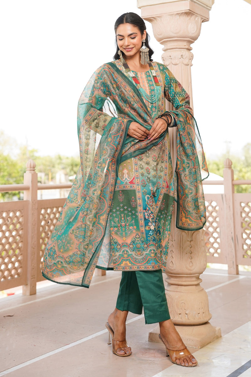 Green Rayon Blend Ethnic Motifs Printed Straight Kurta Trouser With Dupatta SKSKD3055