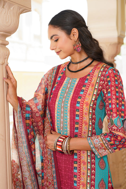 Maroon Rayon Blend Ethnic Motifs Printed Straight Kurta Trouser With Dupatta SKSKD3056