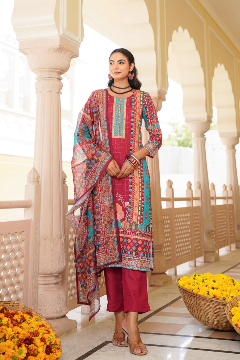 Maroon Rayon Blend Ethnic Motifs Printed Straight Kurta Trouser With Dupatta SKSKD3056
