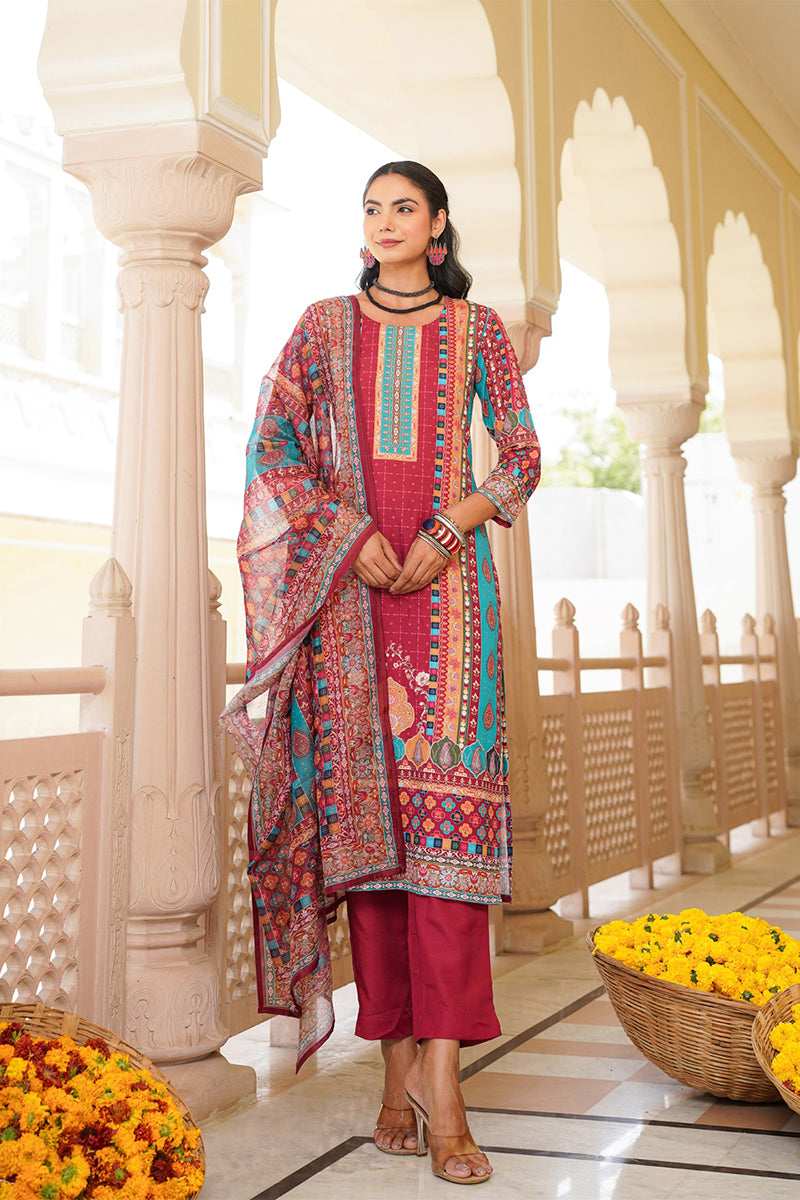 Maroon Rayon Blend Ethnic Motifs Printed Straight Kurta Trouser With Dupatta SKSKD3056