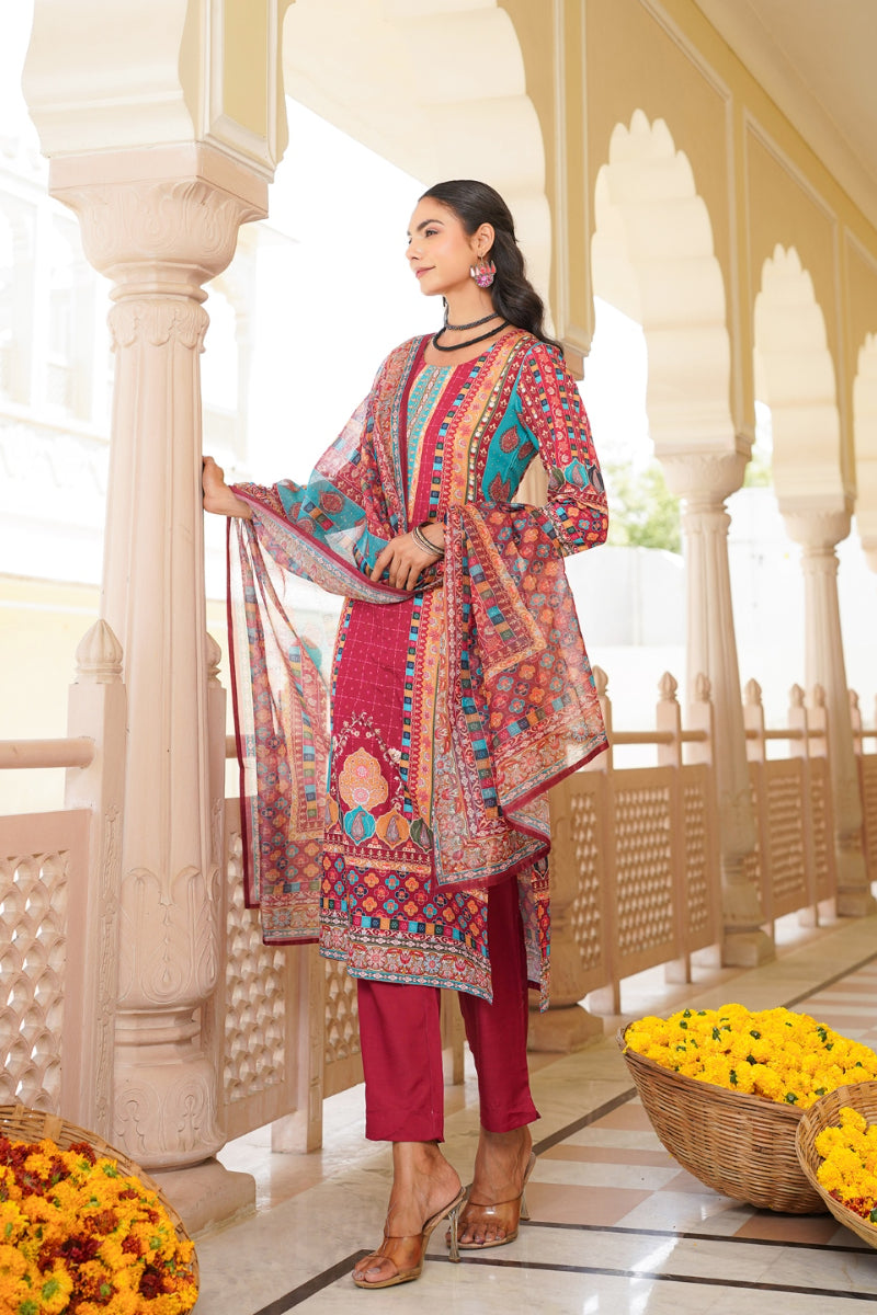 Maroon Rayon Blend Ethnic Motifs Printed Straight Kurta Trouser With Dupatta SKSKD3056