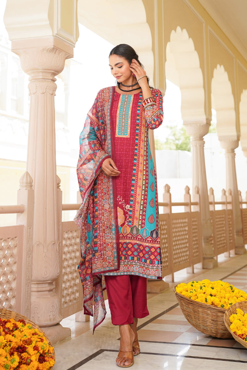 Maroon Rayon Blend Ethnic Motifs Printed Straight Kurta Trouser With Dupatta SKSKD3056