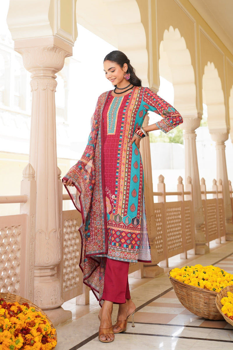 Maroon Rayon Blend Ethnic Motifs Printed Straight Kurta Trouser With Dupatta SKSKD3056