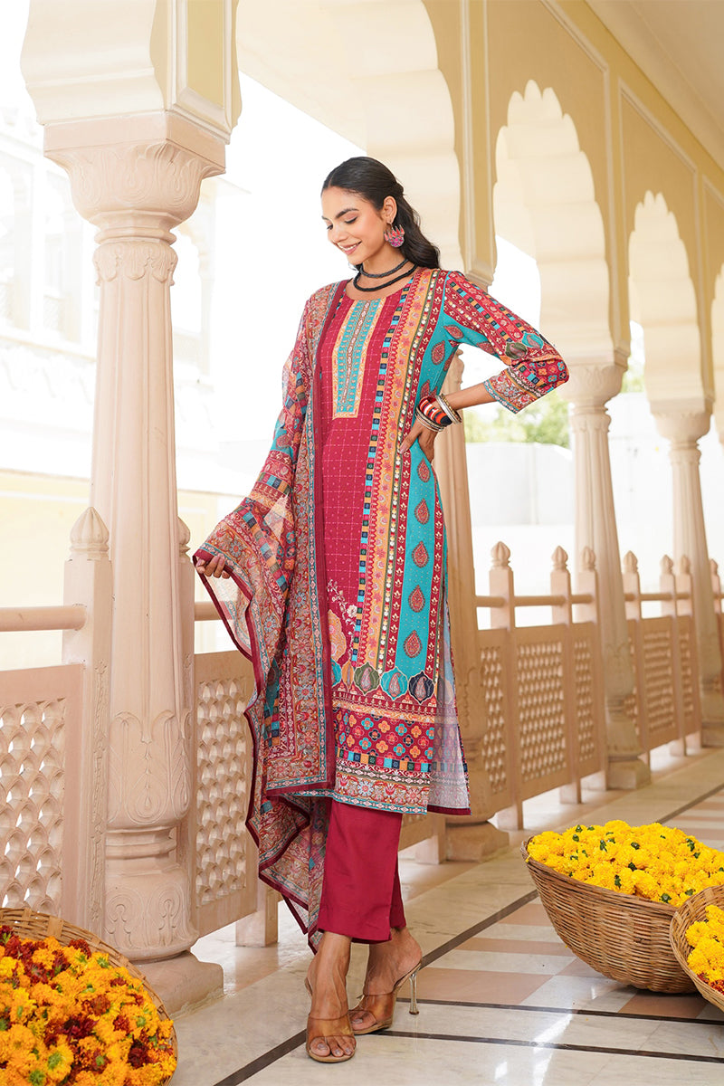 Maroon Rayon Blend Ethnic Motifs Printed Straight Kurta Trouser With Dupatta SKSKD3056