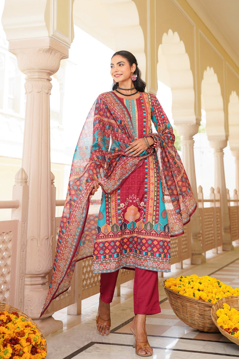 Maroon Rayon Blend Ethnic Motifs Printed Straight Kurta Trouser With Dupatta SKSKD3056