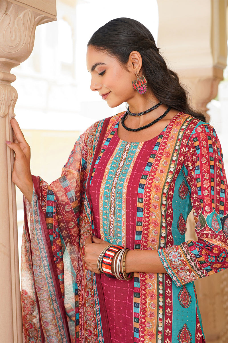 Maroon Rayon Blend Ethnic Motifs Printed Straight Kurta Trouser With Dupatta SKSKD3056