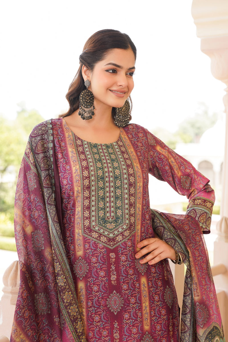 Purple Rayon Blend Ethnic Motifs Printed Straight Kurta Trouser With Dupatta SKSKD3057