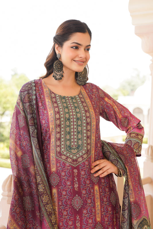 Purple Rayon Blend Ethnic Motifs Printed Straight Kurta Trouser With Dupatta SKSKD3057