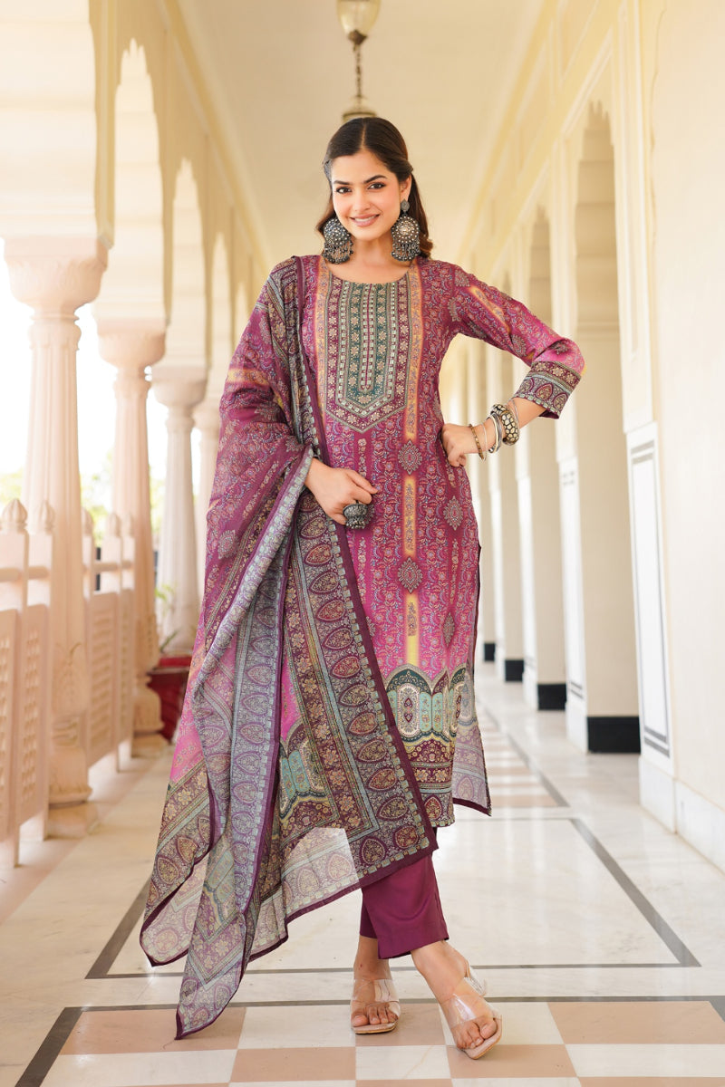 Purple Rayon Blend Ethnic Motifs Printed Straight Kurta Trouser With Dupatta SKSKD3057