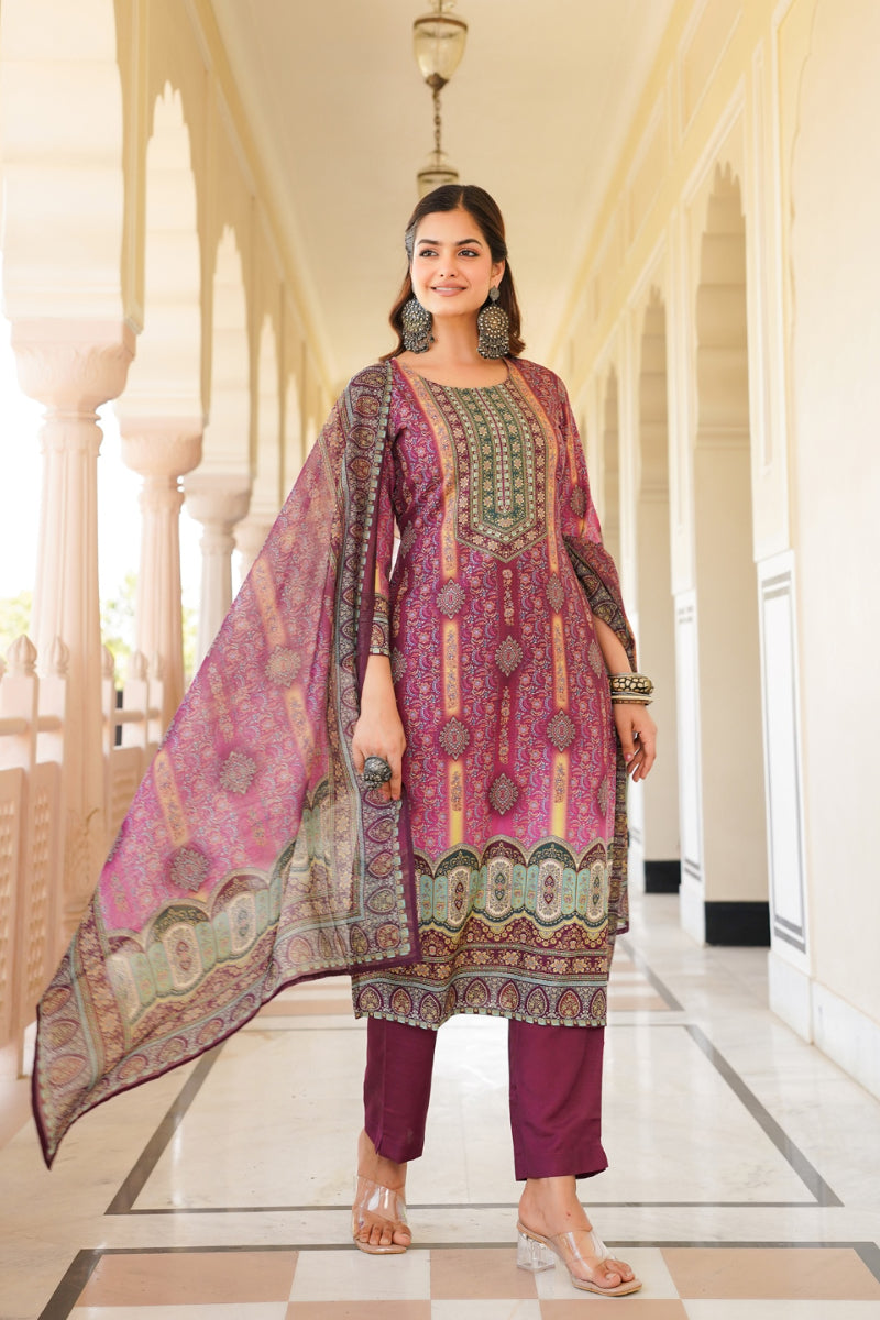 Purple Rayon Blend Ethnic Motifs Printed Straight Kurta Trouser With Dupatta SKSKD3057