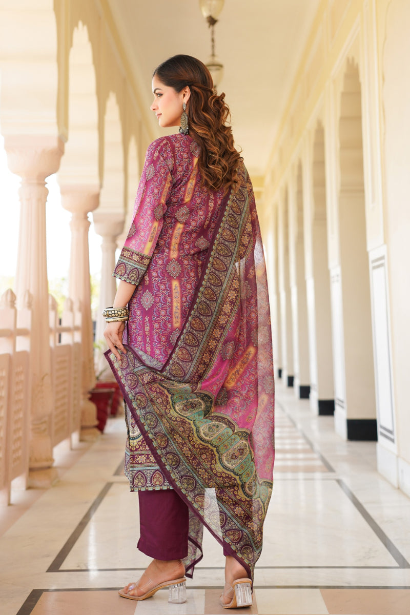 Purple Rayon Blend Ethnic Motifs Printed Straight Kurta Trouser With Dupatta SKSKD3057