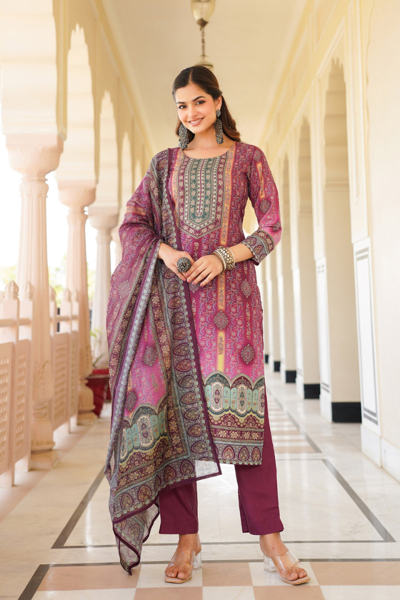 Purple Rayon Blend Ethnic Motifs Printed Straight Kurta Trouser With Dupatta SKSKD3057