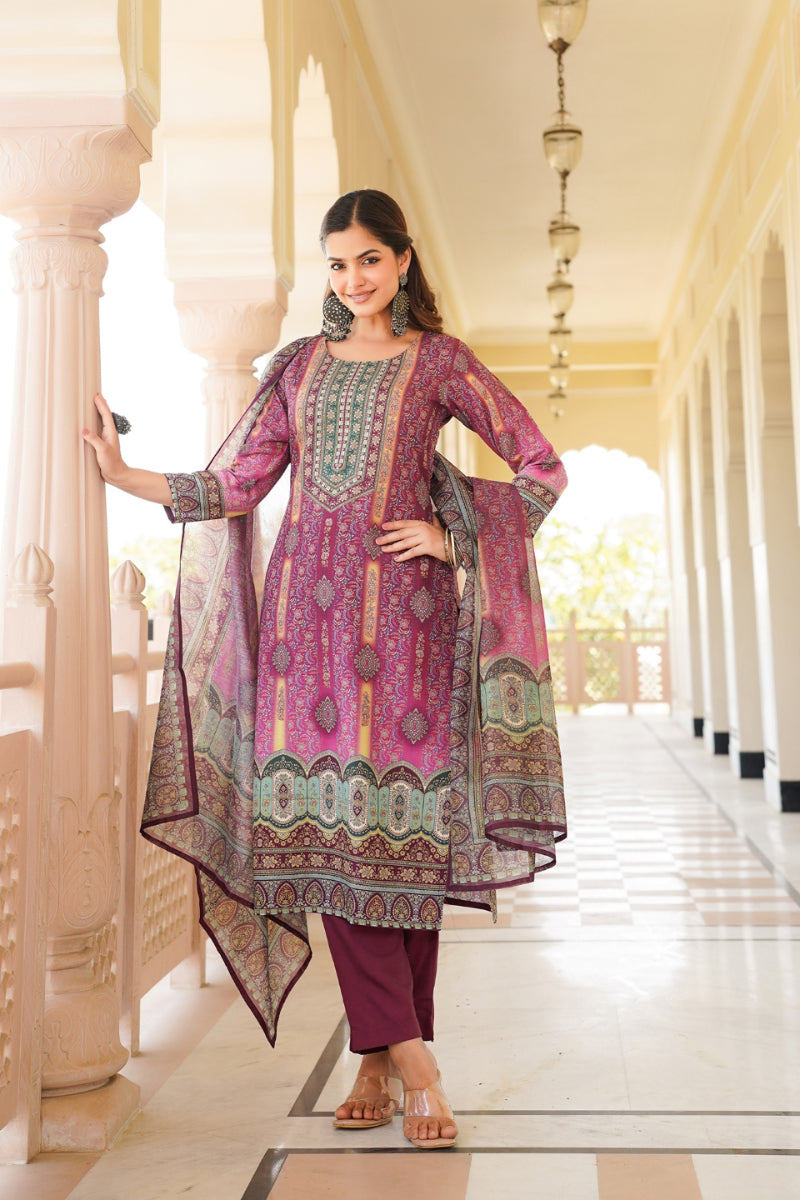 Purple Rayon Blend Ethnic Motifs Printed Straight Kurta Trouser With Dupatta SKSKD3057