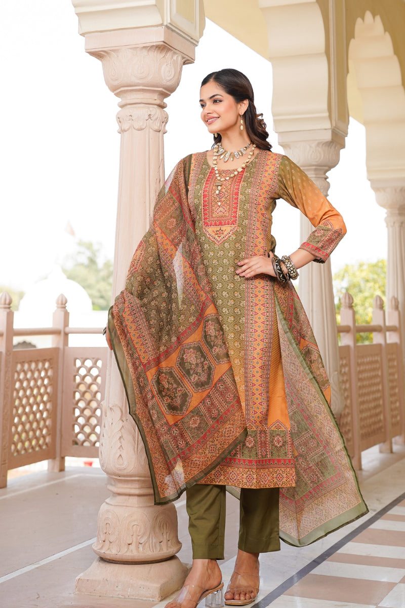 Olive Rayon Blend Ethnic Motifs Printed Straight Kurta Trouser With Dupatta SKSKD3058