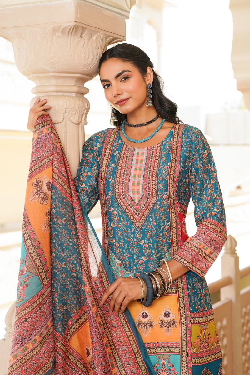Blue Rayon Blend Ethnic Motifs Printed Straight Kurta Trouser With Dupatta SKSKD3060