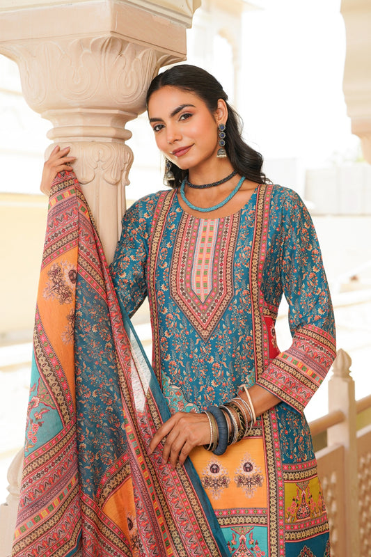 Blue Rayon Blend Ethnic Motifs Printed Straight Kurta Trouser With Dupatta SKSKD3060